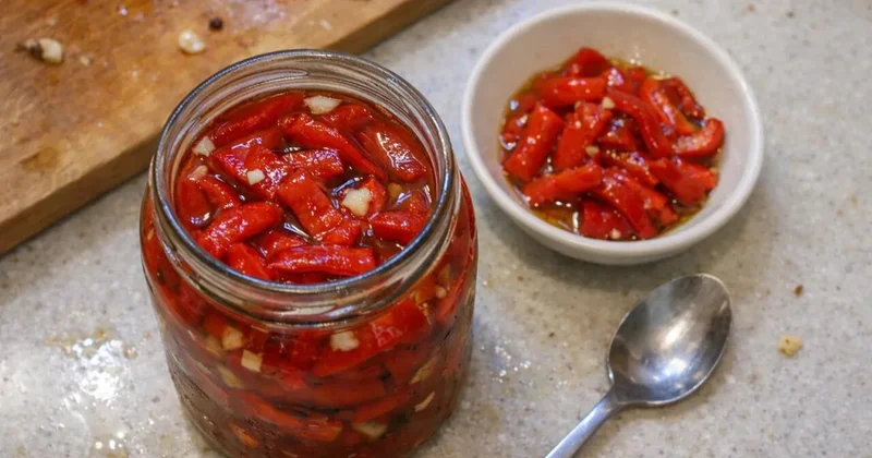 Bankada qırmızı bibər konservi: Sirkə və zeytun yağı ilə möhtəşəm dad