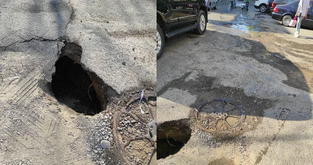 Maşın dövlət qurumunun qazdığı çuxura düşdü Video