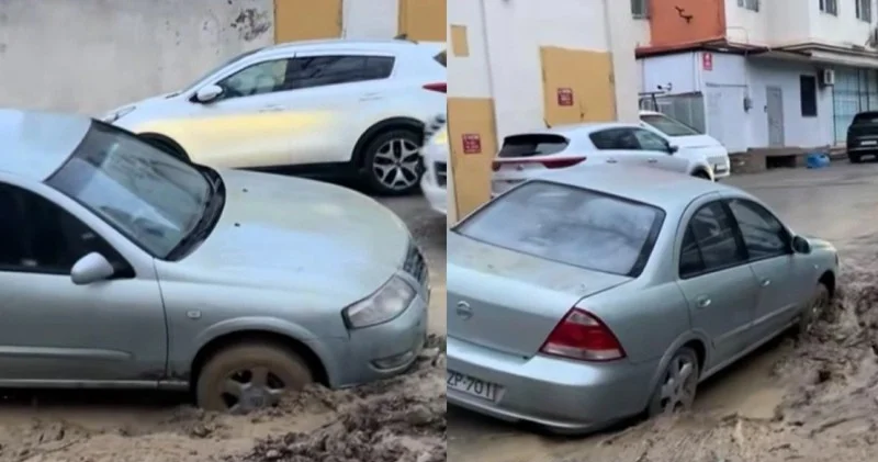 Binanın həyəti çökdü, maşın çuxura düşdü VİDEO