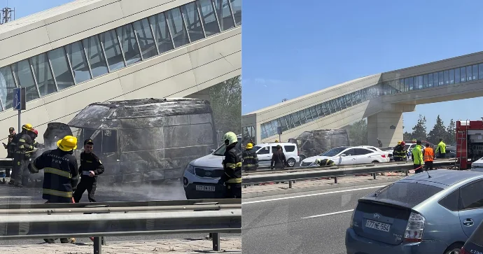Heydər Əliyev prospektində maşın yandı; FHN və polis iş başında FOTO