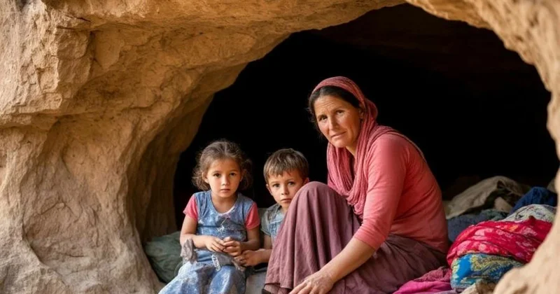 2 uşağı ilə mağarada yaşayan qadın