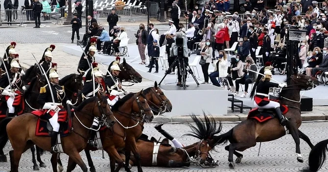 Parisdə paradda respublika qvardiyasının atı Makronun tribunası qarşısında yıxılıb