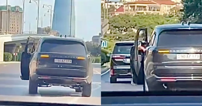 “Range Rover” sürücüsündən təhlükəli hərəkət: Avtomobili qapısı açıq idarə etdi VİDEO