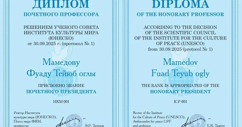 Azərbaycanlı kulturoloq UNESCO nun Sülh Mədəniyyəti İnstitutunun fəxri prezidenti adına layiq görülüb