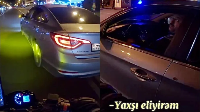 Bakıda sürücü motosikletə təhlükə yaradıb sürücü “əcəb edirəm” dedi VİDEO