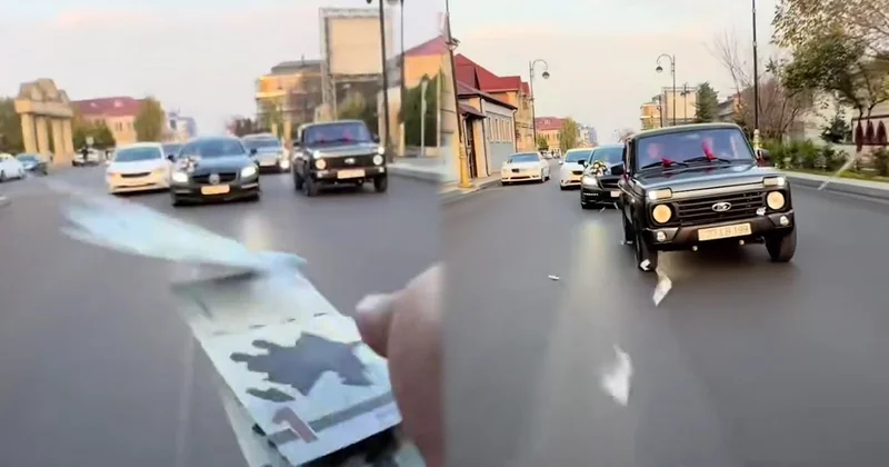 Toy karvanında “avtoş”luq edib yola pul səpdilər Video
