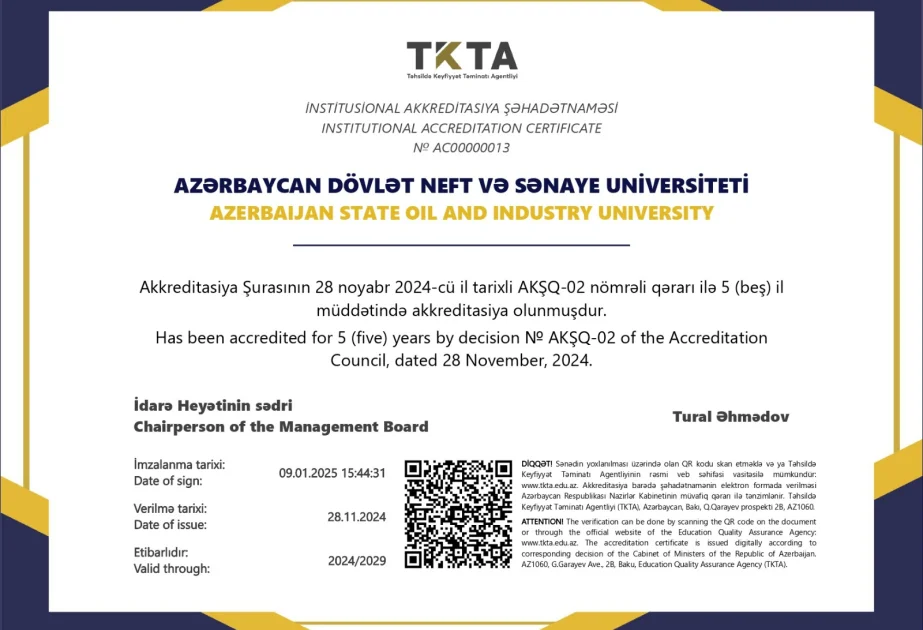 Təhsildə Keyfiyyət Təminatı Agentliyi ADNSUya akkreditasiya şəhadətnaməsi təqdim edib AZƏRTAC