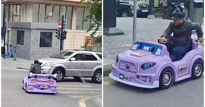 Bakı küçələrində oyuncaq maşın sürən kişi sürücülərə təhlükə yaratdı VİDEO