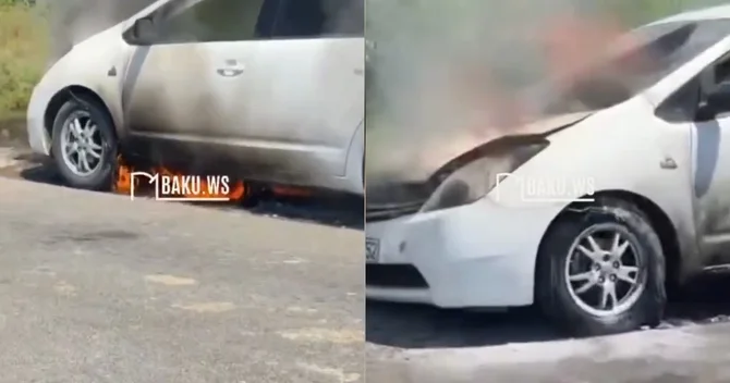 Bərdədə taksi maşını YANDI VİDEO