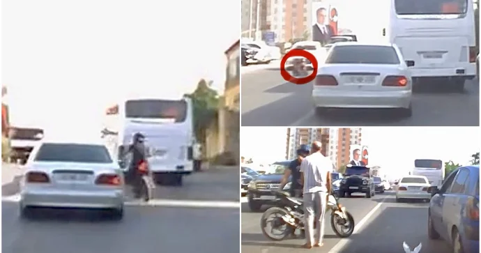 Moped sürücüsü vurduğu piyadayla birlikdə yola yıxıldı, ardınca dava düşdü VİDEO