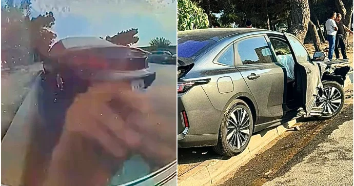 Bakıda idarəetməni itirən sürücü park edilmiş maşını vurub bordürə çıxdı REAL VİDEO