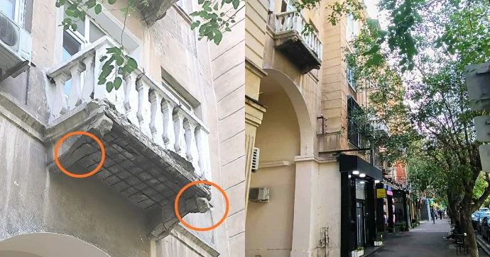 Nərimanovda dağılmaq üzrə olan eyvan sakinlər üçün təhlükə yaradır FOTO