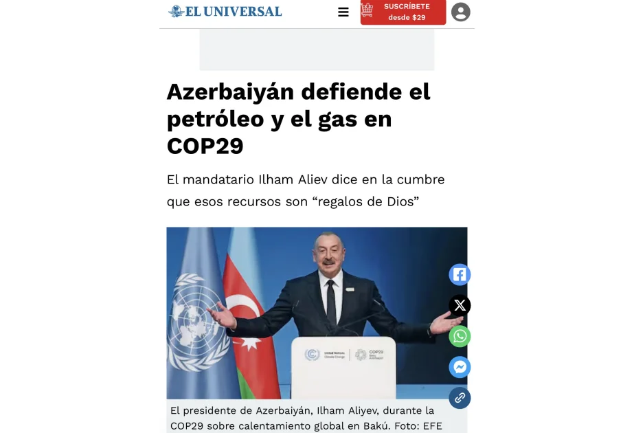 Azərbaycan Prezidentinin COP29 zamanı çıxışı Meksika mətbuatında işıqlandırılıb AZƏRTAC