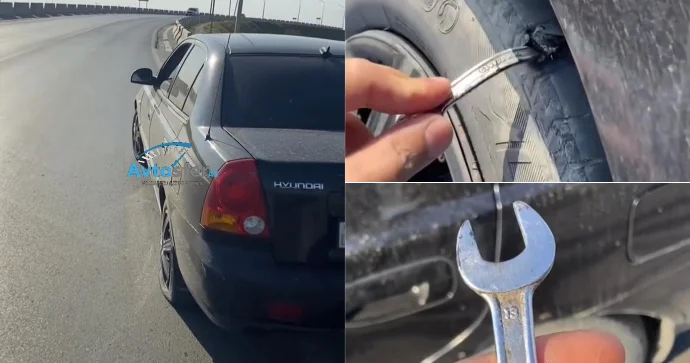 Yola atılan qaz açarı təkəri deşdi; Sürücü və sərnişin son anda qəzadan xilas oldu VİDEO