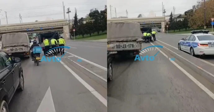 Yol polisi nasaz avtomobili itələyib kənara çəkdi, tıxacın qarşısını aldı REAL VİDEO