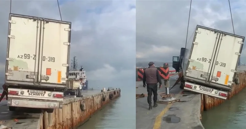 В Бакинском порту грузовик оказался на грани падения в море ВИДЕО