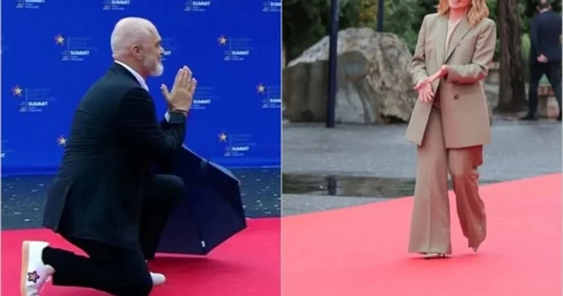 Edi Rama Melonini qarşılayarkən diz çökdü