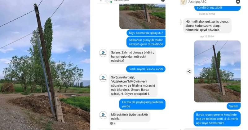 Bərdədə işıq və telefon dirəyi yıxılmamaq üçün qucaqlaşıb