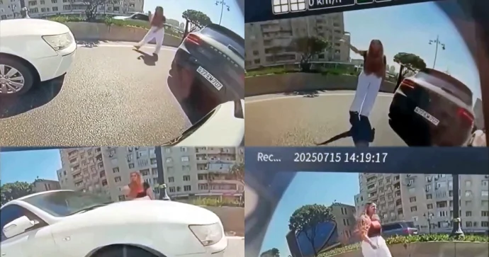 Bakıda Porsche nin xanım sürücüsü maşını yolun ortasında saxlayıb mübahisə etdi, tıxac yarandı VİDEO