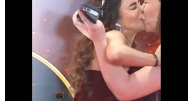 Tanınmış aktrisanı xanım fanatı dodağından öpdü Özünü itirdi (Video)
