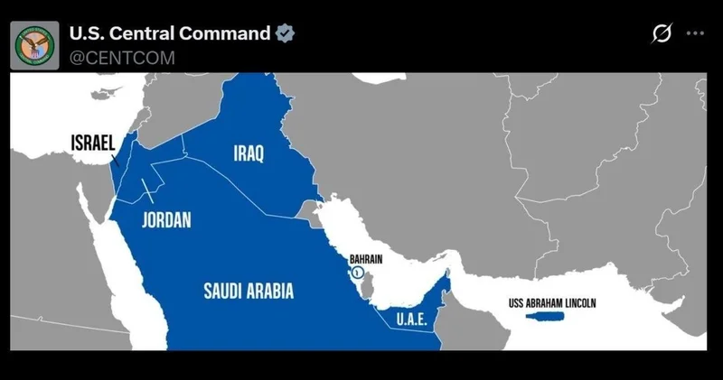 CENTCOM опубликовало карту Ближнего Востока с сектором Газа в составе Израиля