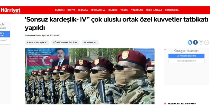 “Hürriyet” qəzeti: Bakıda keçirilən “Sonsuz qardaşlıq IV” təlimi regionda sülhün təmin edilməsinə töhfədir