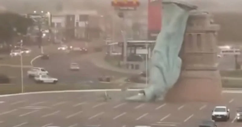 Güclü külək Azadlıq heykəlini aşırdı FOTO VİDEO