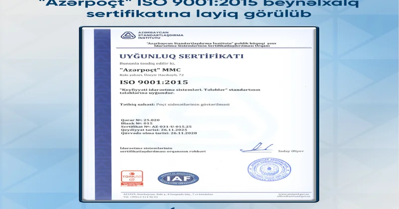 “Azərpoçt” “ISO 9001:2015 Keyfiyyət İdarəetmə Sistemi” sertifikatı alıb