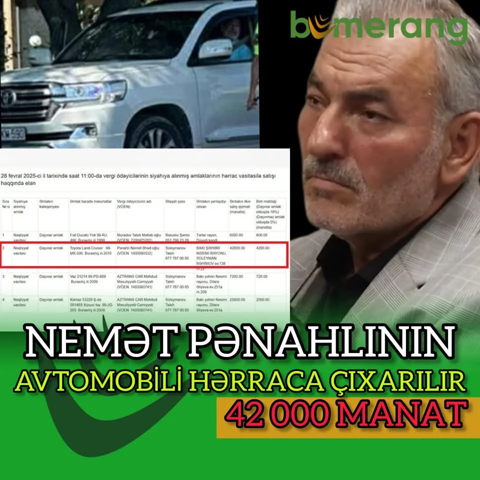 Vergi borcu yaranan Nemət Pənahlının maşını satışa çıxarılıb