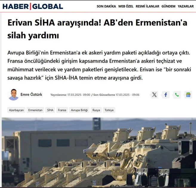 “Haber Global”: Ermənistana hərbi yardımı artıran Aİ öz siyasətinin ziddinə hərəkət edir