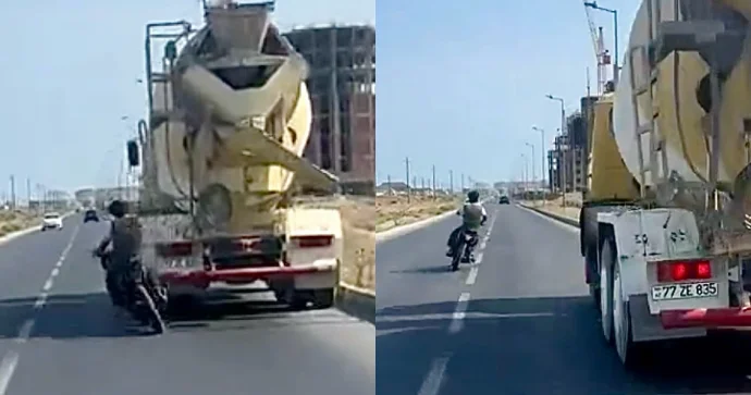 Hövsanda motosiklet sürücüsündən “ölüm şousu”: Az qala yük maşınına çırpılacaqdı VİDEO