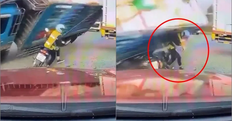 Tailandda DƏHŞƏT: Nəzarətdən çıxan yük maşını motosikletçini vurub avtomobilin üzərinə aşdı