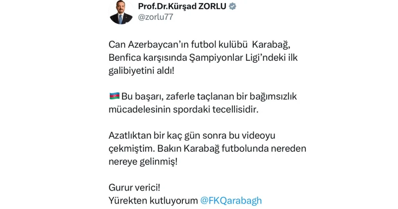 Kürşad Zorlu: “Qarabağ”ın qələbəsi zəfərlə taclanan müstəqillik mübarizəsinin idmandakı təcəllisidir