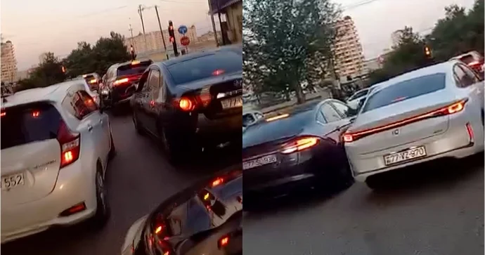 Masazırda sürücülər əks yola axışdı: Maşınlar yaşıl işıqda belə keçə bilmədi VİDEO