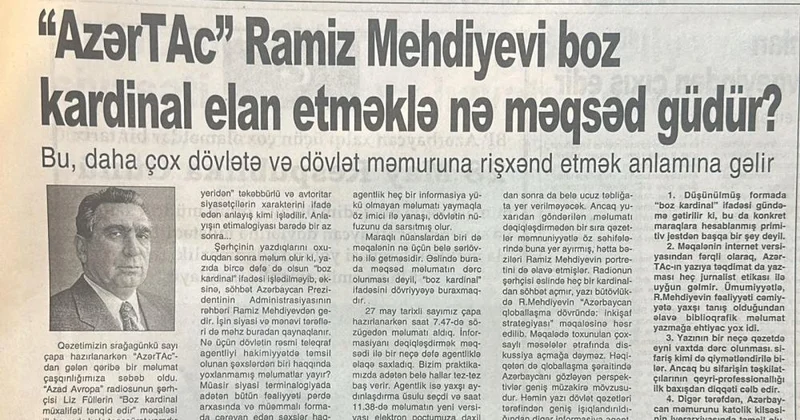 “AzərTac” Ramiz Mehdiyevi boz kardinal elan etməklə nə məqsəd güdür?