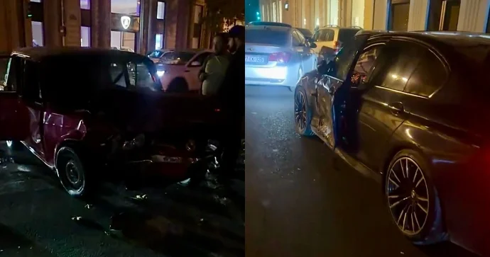 Şəhərin mərkəzidə qəza: Qırmızıda keçən “BMW” “VAZ”a çırpıldı VİDEO