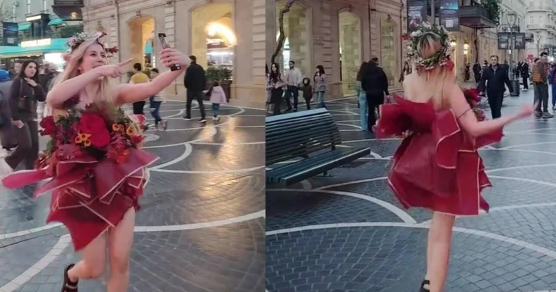 Bakının mərkəzində qəribə geyimdə gəzən qız kimdir? VİDEO