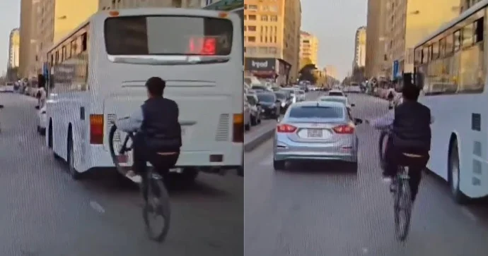 Azyaşlı Heydər Əliyev prospektində velosipedin qabağını qaldırıb sürdü VİDEO