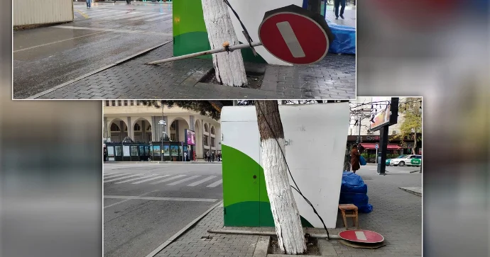 Bakıda yol nişanı aşıb Uzun müddətdir təmir olunmur FOTO