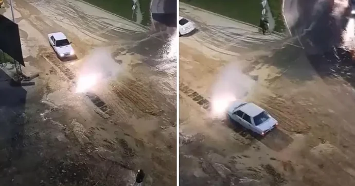 Su borusu partladı, fürsətdən istifadə edib maşınını yudu VİDEO