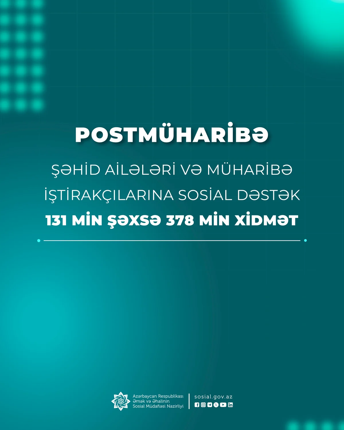 Postmüharibə dövründə şəhid ailələri üzvləri və müharibə iştirakçıları olan 131 min şəxsə 378 min xidmət göstərilib