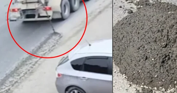 Sürücüdən MƏSULİYYƏTSİZ ADDIM: Yola beton tökdü ANBAAN VİDEO