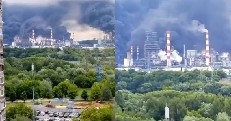 Moskva yaxınlığında vurulan neft zavodunun yeni görüntüləri yayıldı Dəhşətli yanğın