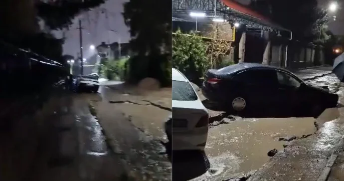 Xırdalanda yol çökdü; avtomobillər çuxura sürüşdü VİDEO