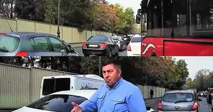 Bakıda avtobus sürücüsü maşının qabağını kəsib şüşəsini yumruqladı VİDEO