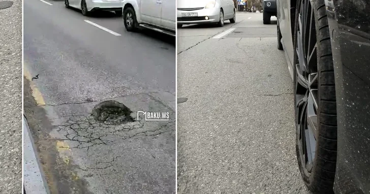 Опасная яма в центре Баку оставила автомобиль без шин