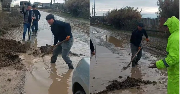 Yolları palçıq bağlayan sakinlər Bellə təmizləyib hərəkət edirlər VİDEO