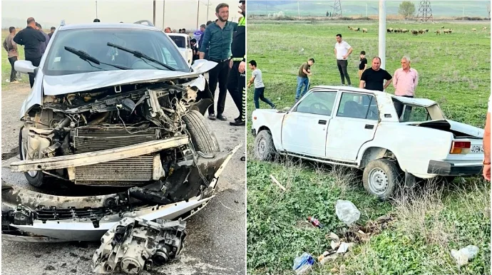 “Renault”la toqquşan “VAZ” dərəyə düşdü, 3 nəfər xəsarət aldı VİDEO