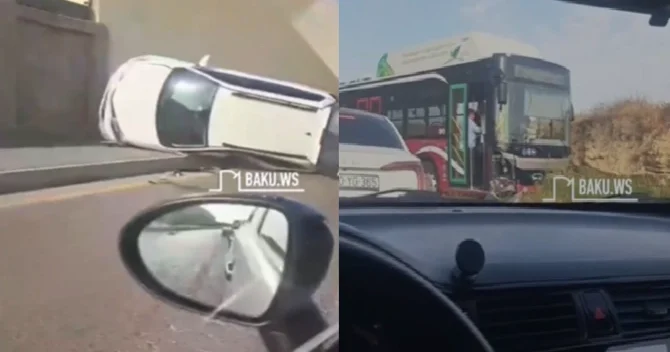 Hövsanda avtobusla toqquşan avtomobil aşdı