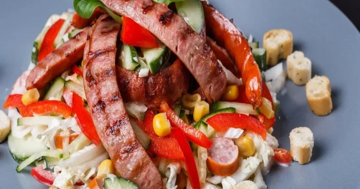 Kolbasa, qarğıdalı, xiyar, yumurta və krutonlu SALAT